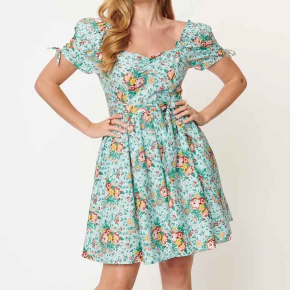 Unique Vintage Light Blue & Multicolor Floral Print Dakota Flare Dress